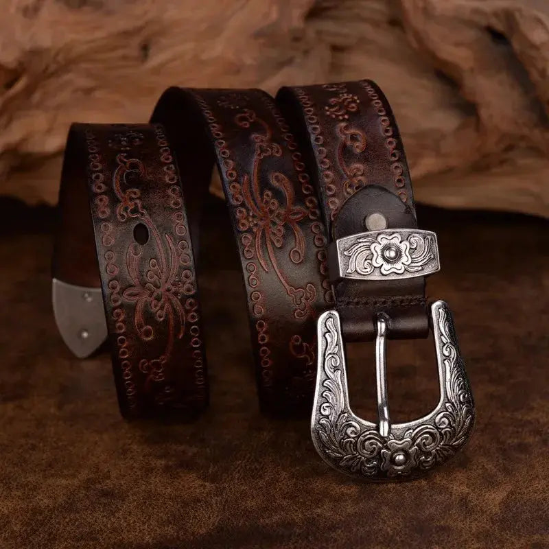 Cintura Uomo in Pelle Stile Western Fibbia Incisa Classica