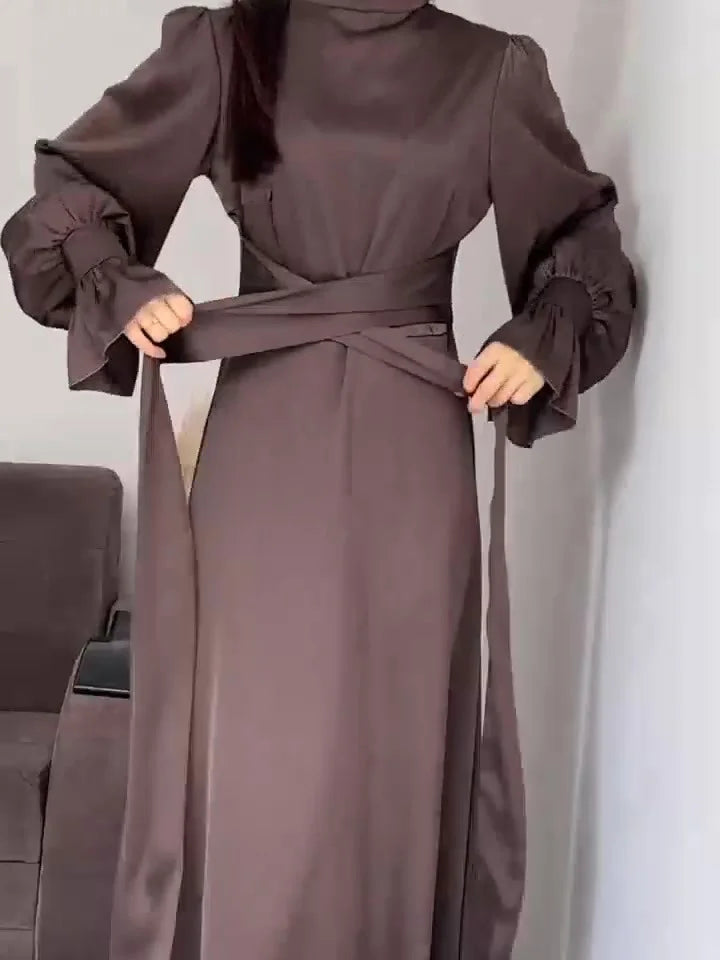 Abito da sera Donna in Raso Lungo Trapezio Maniche Lunghe Sbuffo