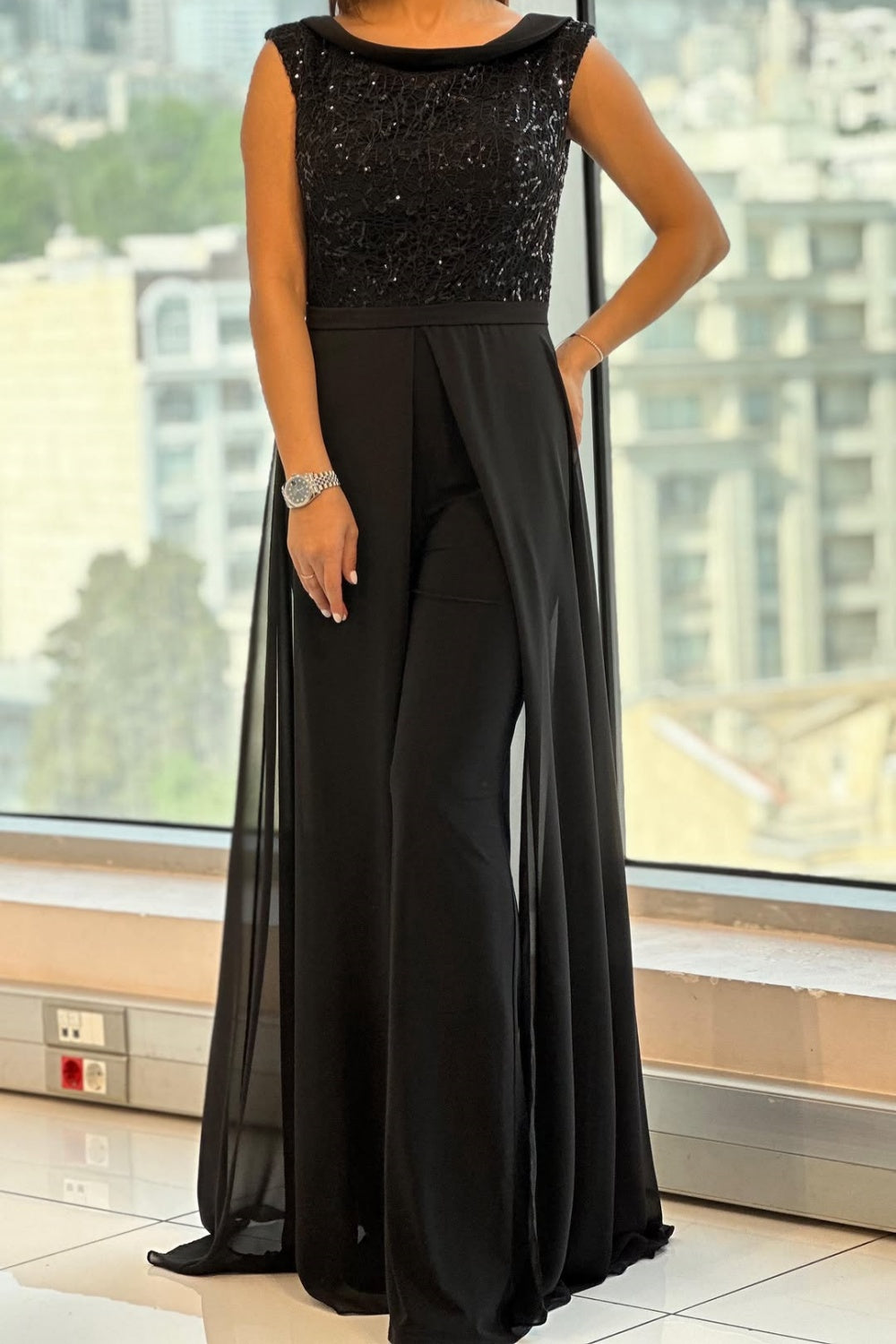 Tuta Donna in Tulle Testurizzato Gamba Larga Elegante - Vesarelli