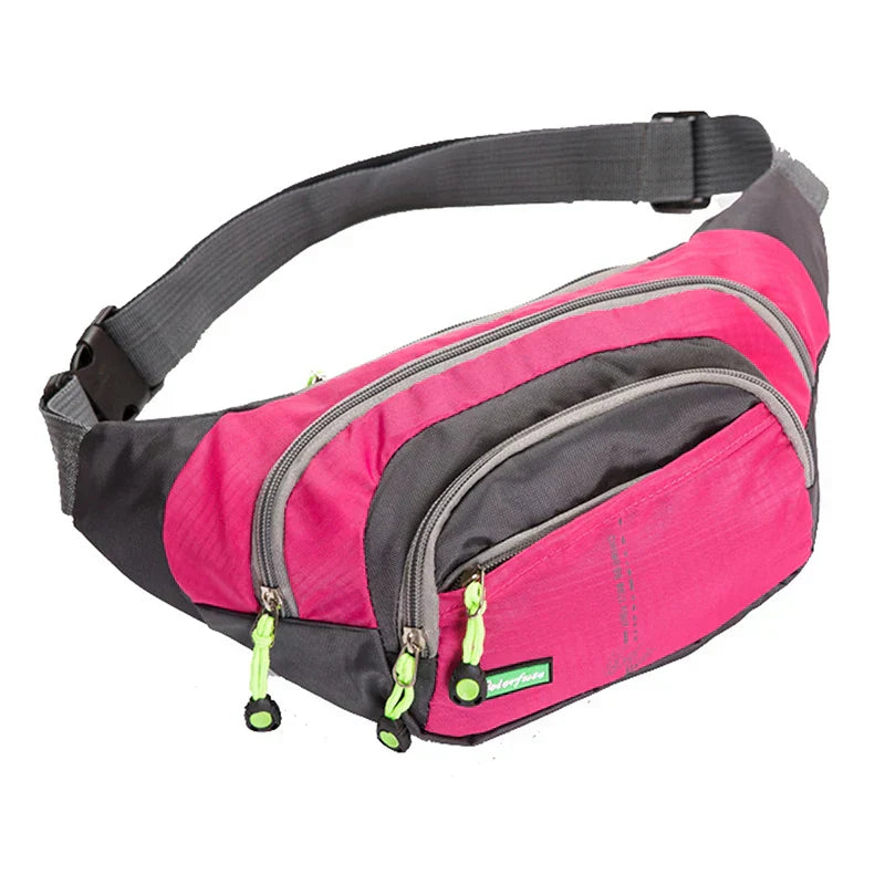 Marsupio sportivo rosa e grigio con cerniere verdi, design compatto e regolabile, ideale per attività all'aperto e viaggi.