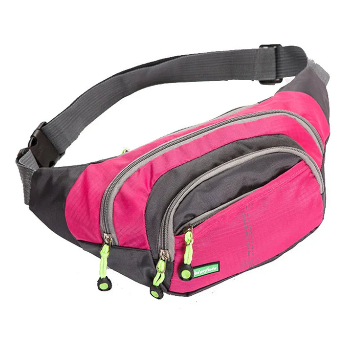 Marsupio sportivo rosa e grigio con cerniere verdi, design compatto e regolabile, ideale per attività all'aperto e viaggi.