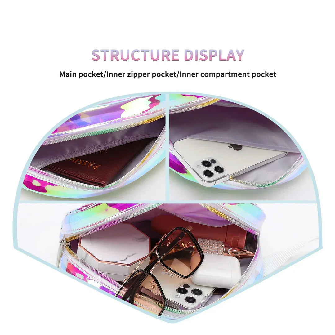 Borsa cosmetica multicolore con tasche interne, contenente passaporto, smartphone, occhiali da sole e rossetto. Accessorio da viaggio pratico e spazioso.