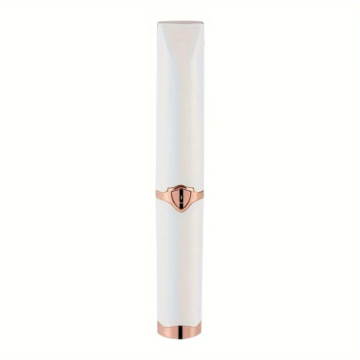 Depilatore viso elettrico bianco e oro rosa, design compatto e portatile, ideale per rimozione peli facciali, precisione e delicatezza.