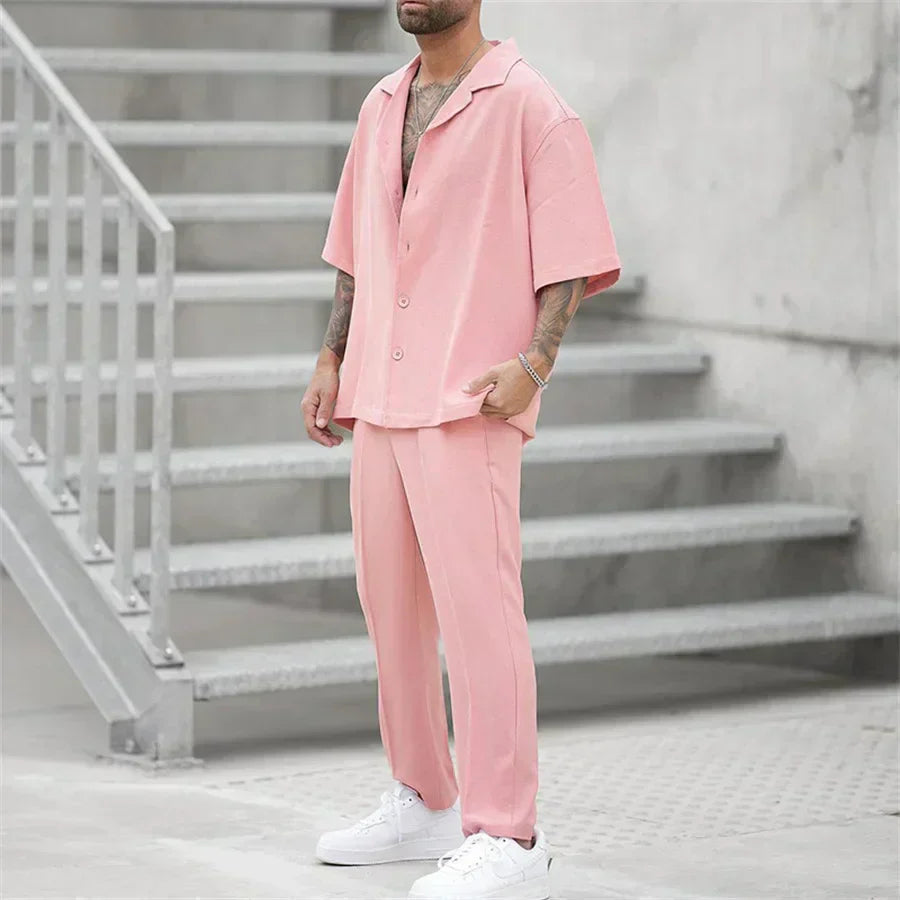 Completo Estivo Uomo Camicia Cotone Pantaloni Dritti