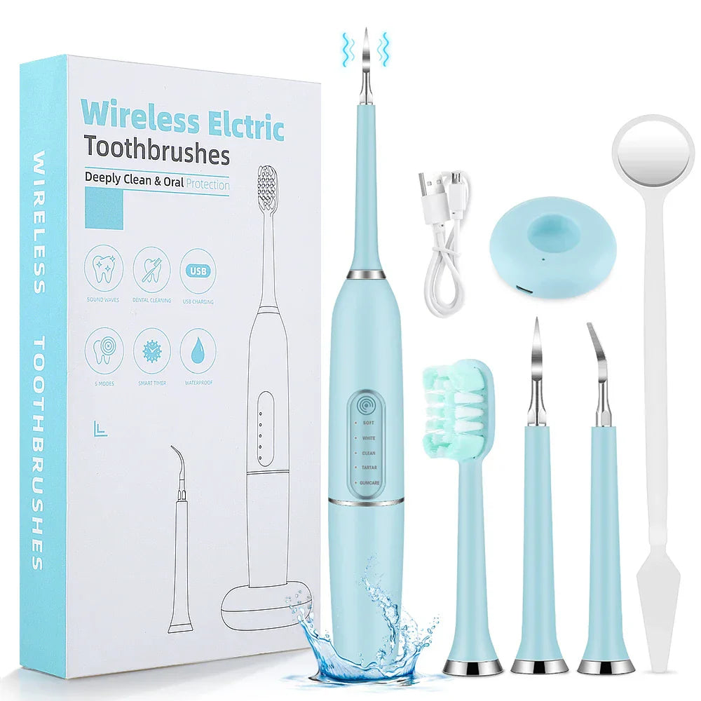 Spazzolino elettrico wireless azzurro con accessori, caricatore USB e confezione. Pulizia dentale profonda, protezione orale.