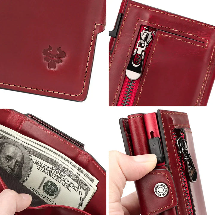 Portafoglio in pelle rossa con cerniera, tasca per contanti, design compatto, logo inciso, ideale per uomo, accessorio elegante e funzionale.