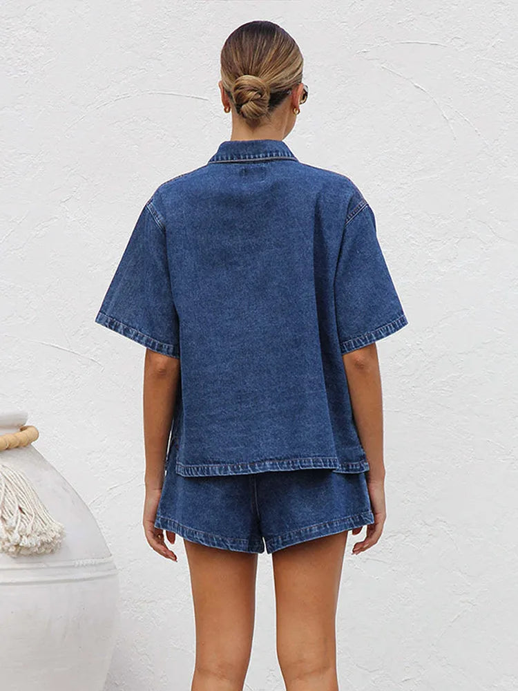 Set Estivo Donna Camicia Cotone Shorts Vita Elastica