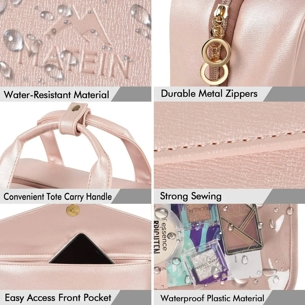 Borsa tote rosa in materiale impermeabile, cerniere metalliche resistenti, manico comodo, cuciture robuste, tasca frontale facile accesso.