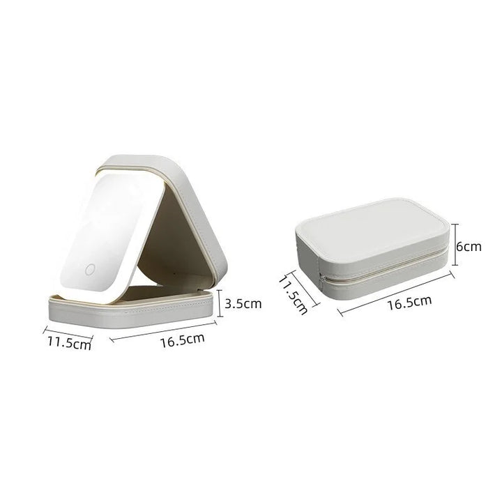 Specchio cosmetico pieghevole LED bianco, dimensioni 16,5x11,5x3,5 cm, portatile, ricaricabile, ideale per trucco e viaggio.
