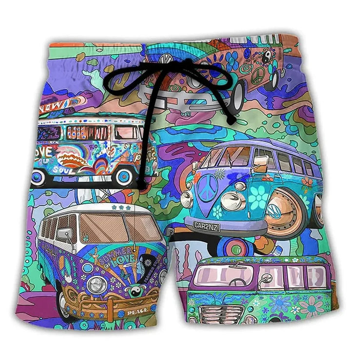 Pantaloncini da bagno colorati con stampa di furgoni hippie, design psichedelico anni '60, motivi floreali e simboli di pace. Ideali per l'estate.