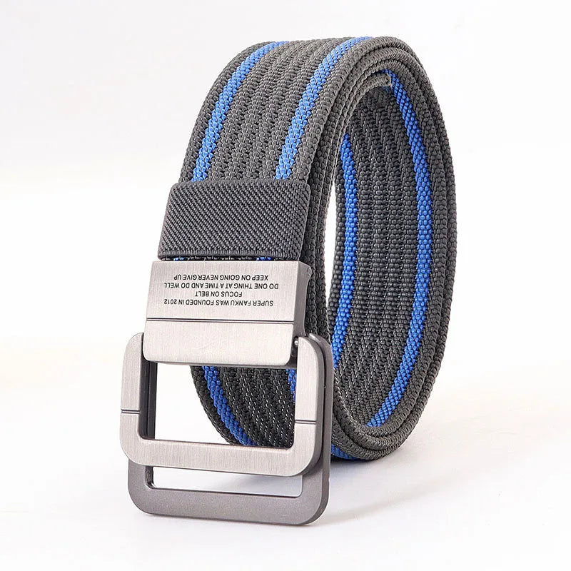 Cintura Unisex in Tela Rigata Casual con Fibbia Doppio Anello