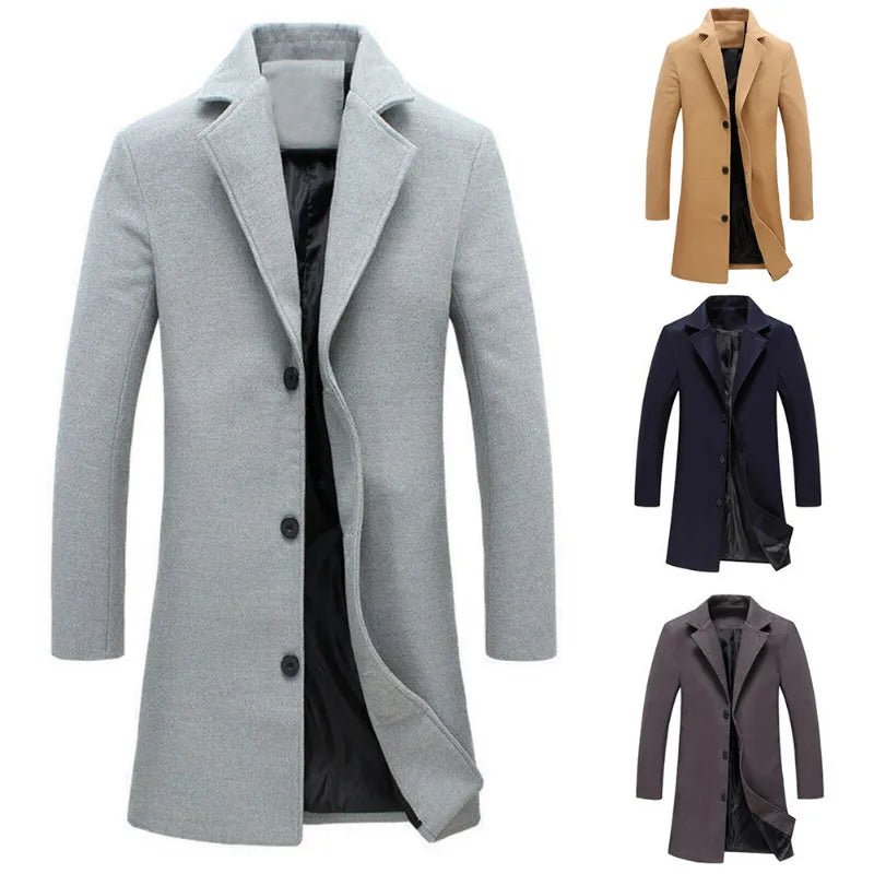 Cappotto uomo elegante invernale, disponibile in grigio, beige, blu e marrone. Design classico, bottoni frontali, ideale per look formale.