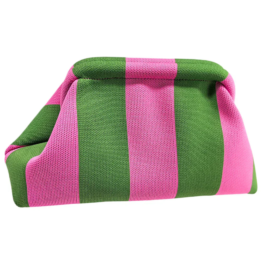 Clutch a righe verdi e rosa, design moderno, tessuto elegante. Accessorio moda donna, perfetto per eventi e serate speciali.