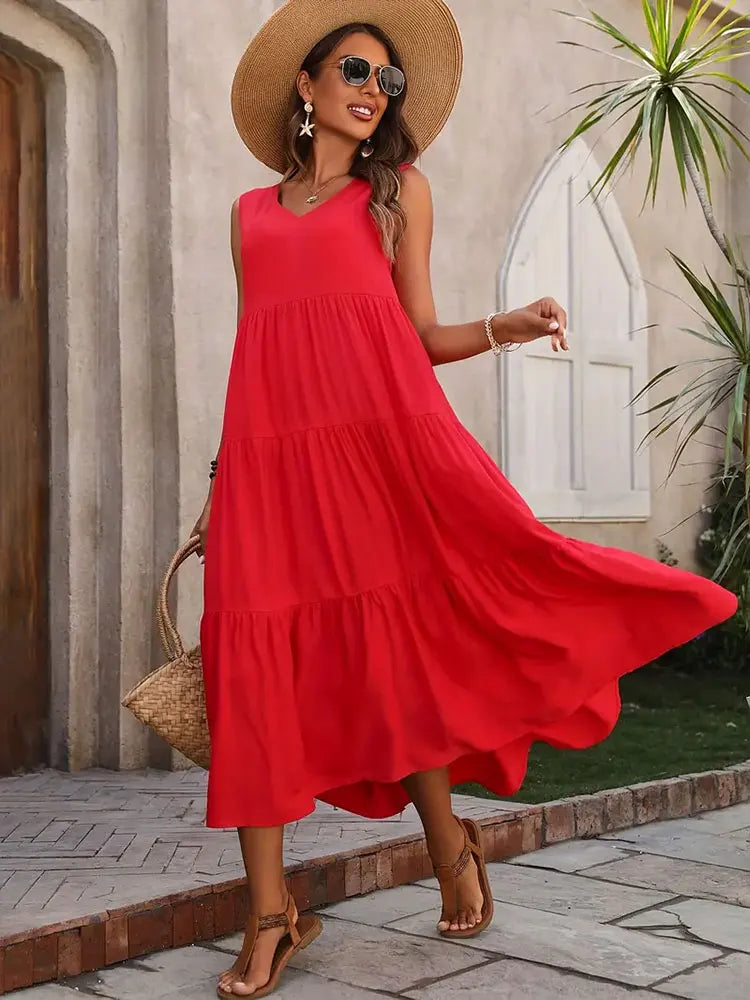 Abito lungo Donna senza maniche Balze Svolazzante Estivo
