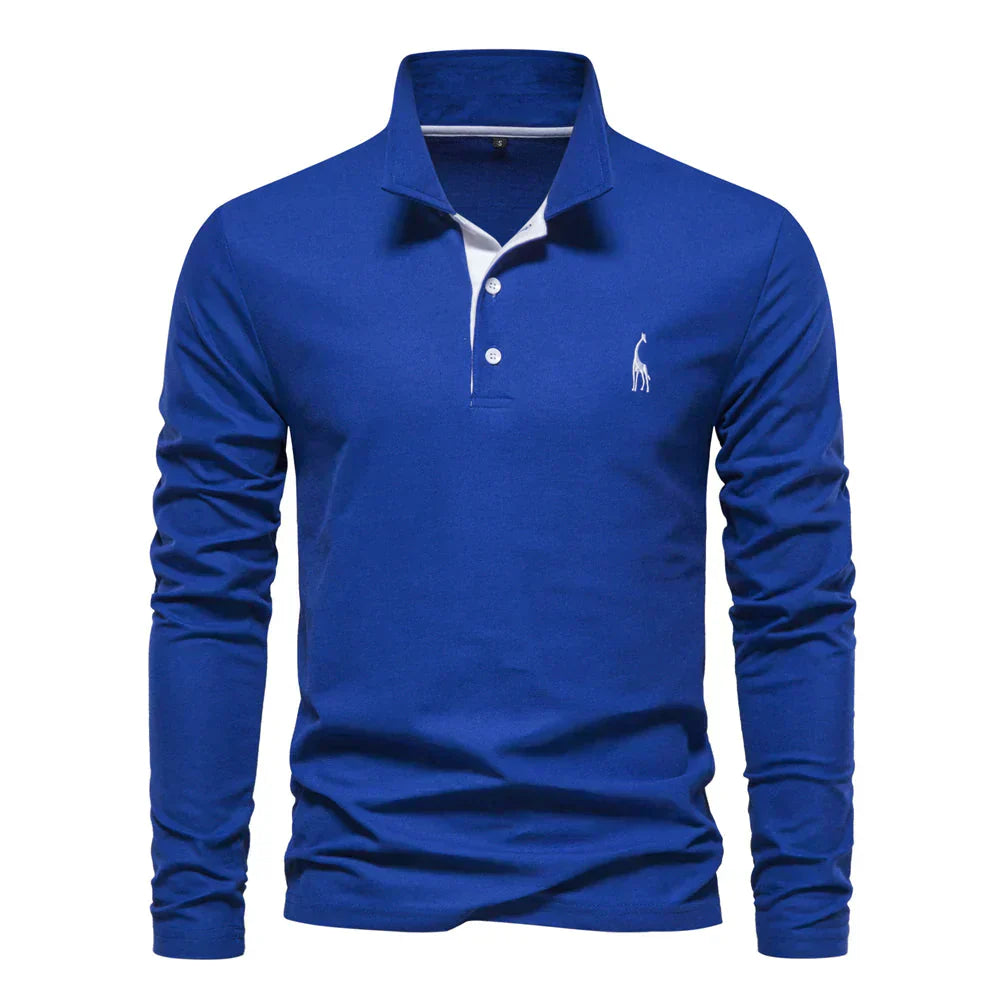 Maglia polo blu a maniche lunghe con colletto classico e logo ricamato bianco, ideale per moda casual uomo. Disponibile in cotone di alta qualità.