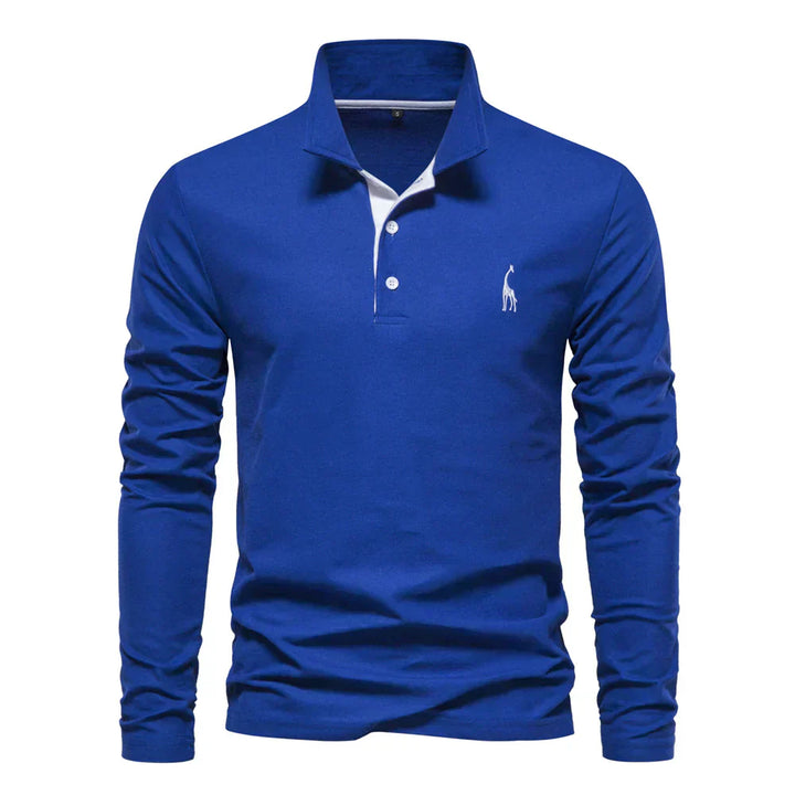 Maglia polo blu a maniche lunghe con colletto classico e logo ricamato bianco, ideale per moda casual uomo. Disponibile in cotone di alta qualità.