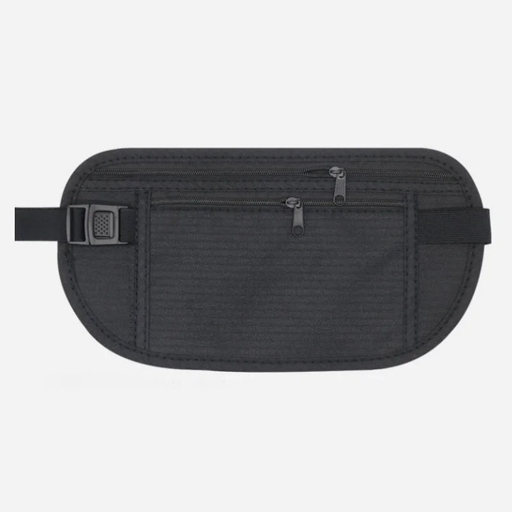 Marsupio da viaggio nero con doppia cerniera, design compatto e cintura regolabile. Ideale per sicurezza e praticità durante viaggi e attività all'aperto.