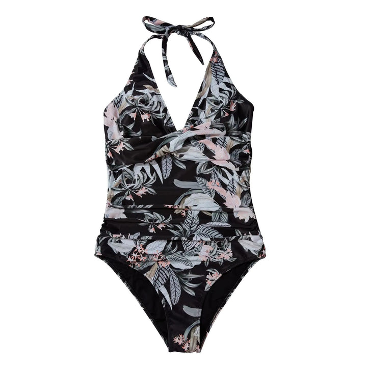 Costume intero donna nero con stampa floreale tropicale, scollo a V, allacciatura al collo. Elegante e ideale per la spiaggia o piscina.