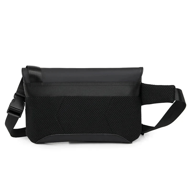 Tracolla nera in pelle e tessuto, design moderno, chiusura a zip, ideale per uomo e donna, perfetta per viaggi e uso quotidiano.