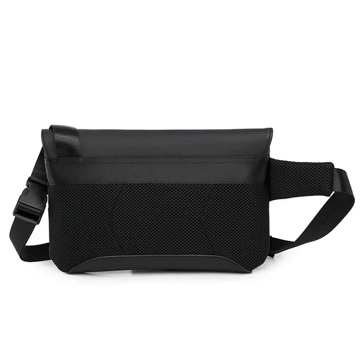 Tracolla nera in pelle e tessuto, design moderno, chiusura a zip, ideale per uomo e donna, perfetta per viaggi e uso quotidiano.