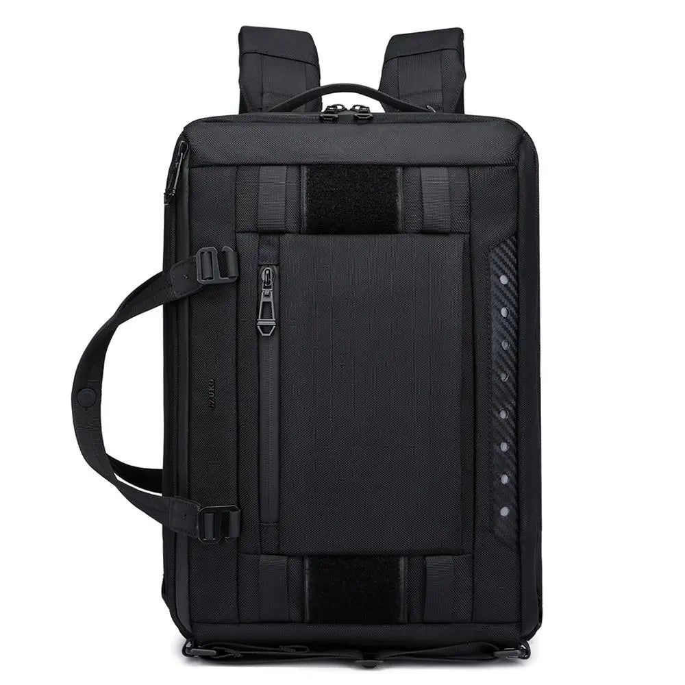 Zaino nero multifunzionale, design moderno, con manici e spallacci regolabili, ideale per viaggi e lavoro. Tasche multiple per organizzazione.