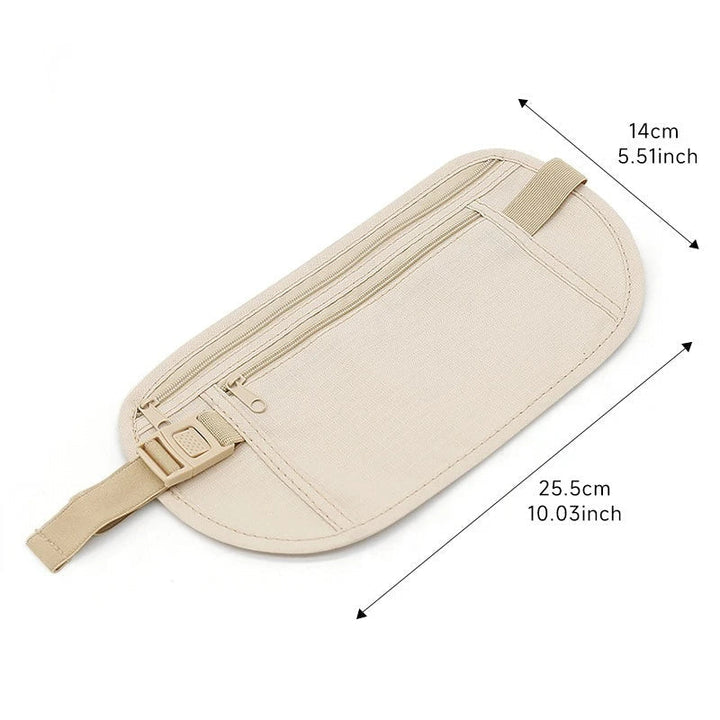 Marsupio da viaggio beige con cerniera, dimensioni 25,5x14 cm, ideale per documenti e denaro. Accessorio sicuro e pratico per viaggiatori.