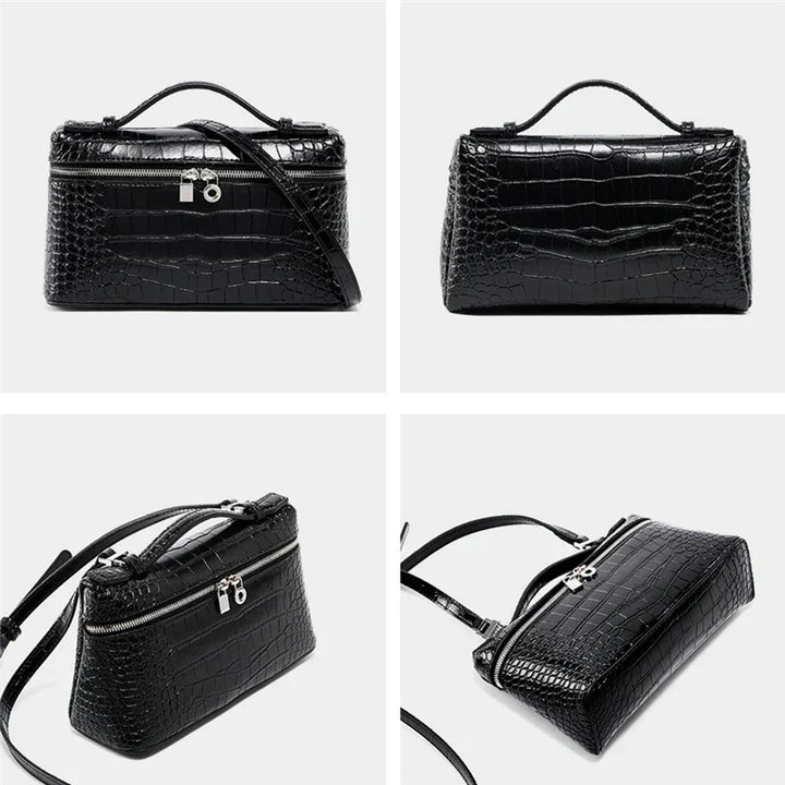 Borsa a tracolla in pelle nera effetto coccodrillo, design elegante, chiusura con zip e lucchetto, manico superiore, ideale per moda donna.