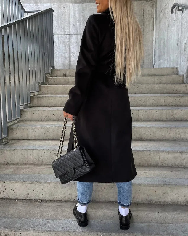 Cappotto Lungo Donna Doppiopetto Caldo con Cintura Classico