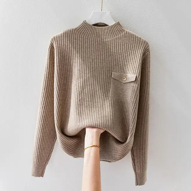 Maglione Donna a Collo Alto Maglia a Coste Maniche Lunghe Comodo