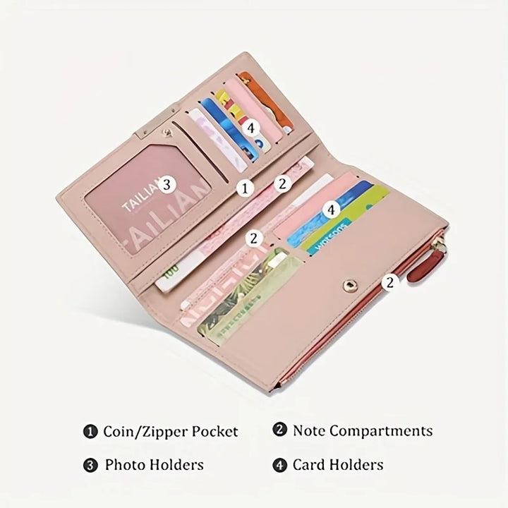 Portafoglio donna in pelle rosa con tasca monete, scomparti per banconote, porta foto e porta carte. Design elegante e funzionale.