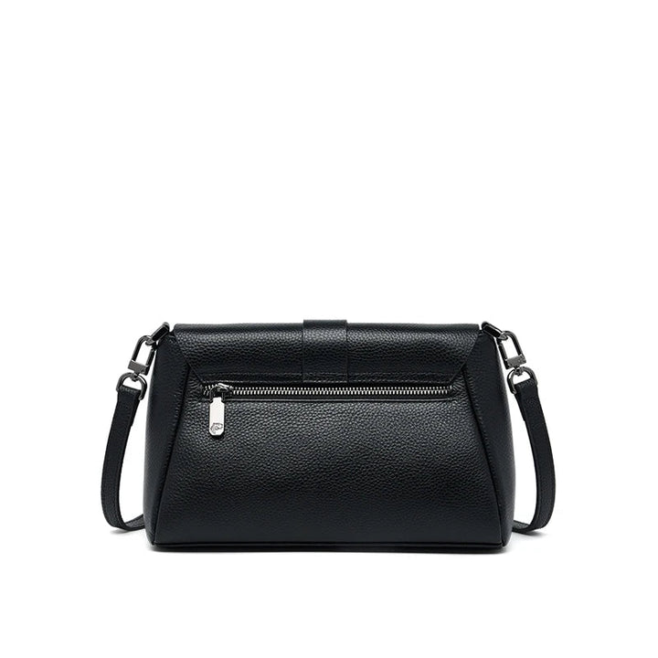 Borsa a tracolla nera in pelle con zip frontale, design elegante e moderno, ideale per donna. Accessorio moda versatile e di tendenza.