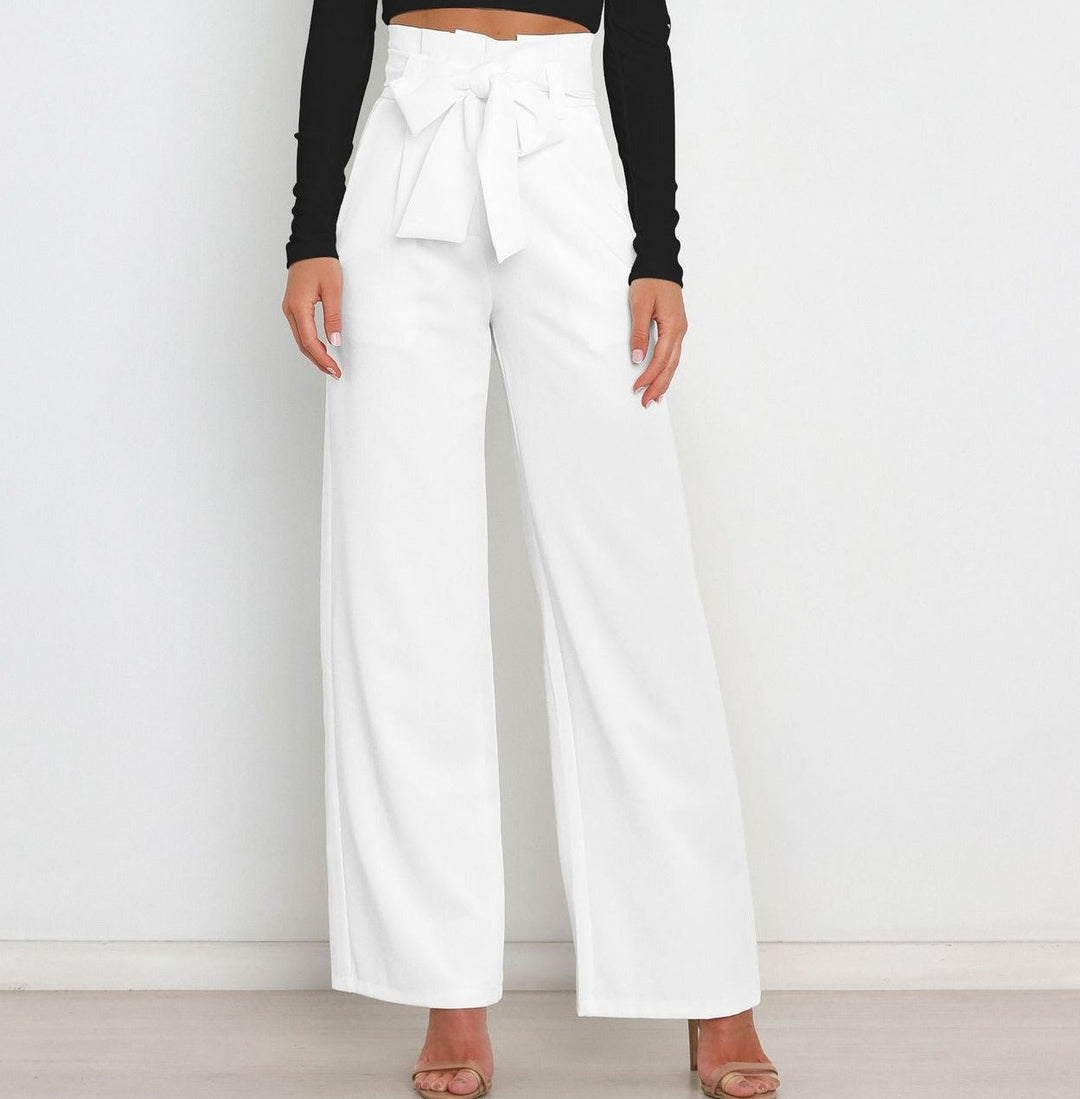 Pantaloni Donna Vita Alta Larga con Cintura a Nastro