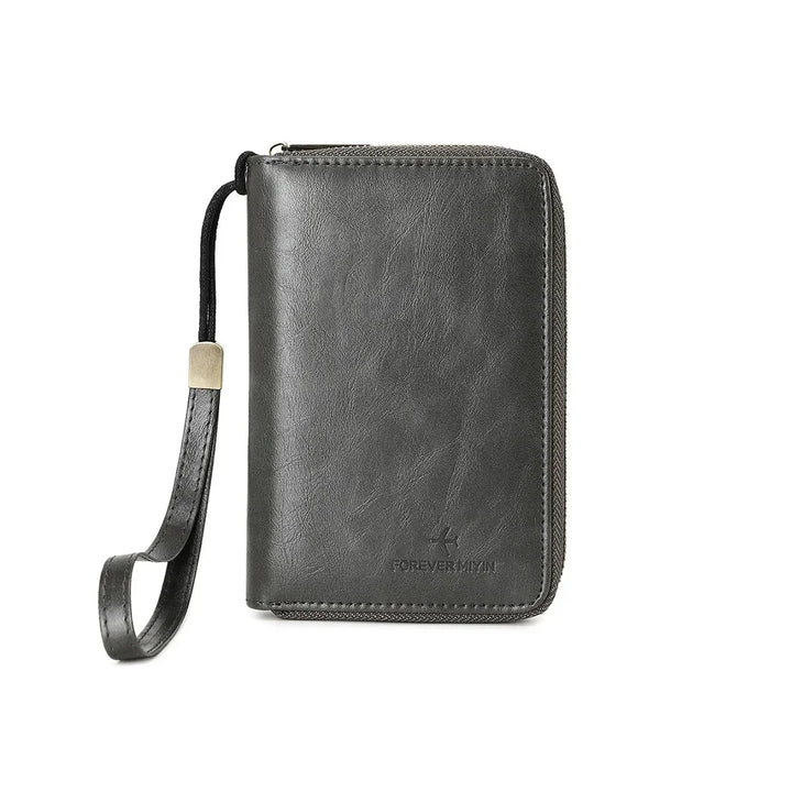 Portafoglio uomo in pelle nera con cerniera e cinturino, design elegante e compatto, ideale per carte e contanti. Accessorio moda maschile.