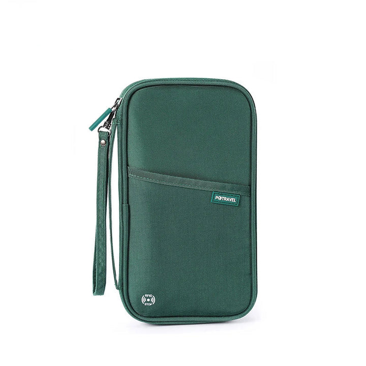 Custodia da viaggio verde con cerniera, tasca frontale e cinturino. Ideale per documenti e accessori. Design compatto e funzionale.