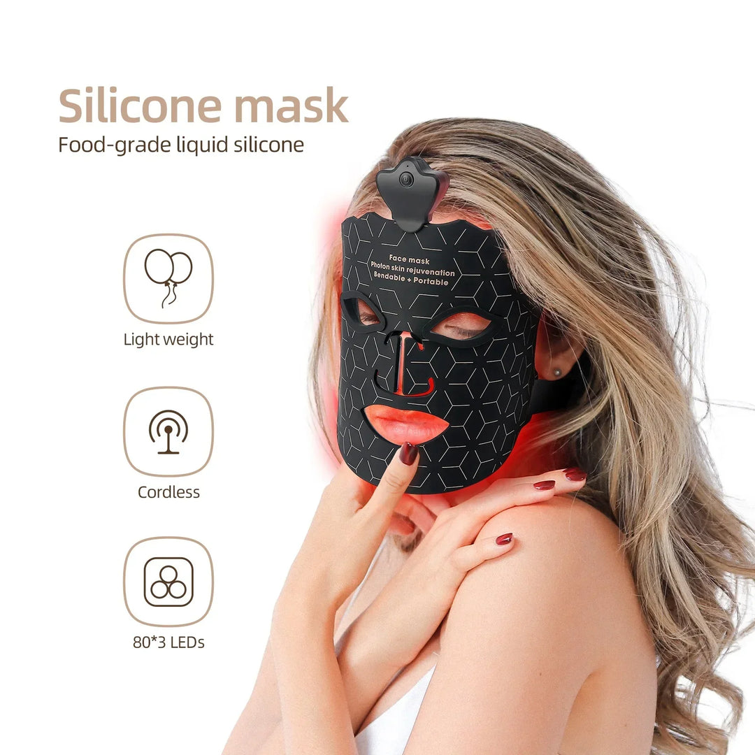 Maschera facciale in silicone nero con LED, leggera e senza fili, realizzata in silicone alimentare. Ideale per trattamenti di bellezza e cura della pelle.