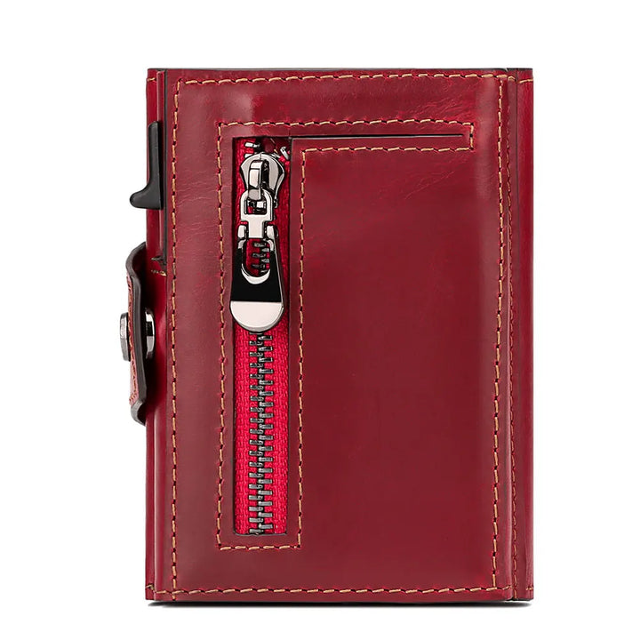Portafoglio in pelle rossa con cerniera frontale, design compatto, cuciture a contrasto, ideale per uomo e donna, accessorio moda elegante.
