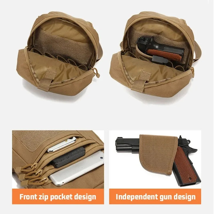 Borsa tattica beige con tasca frontale con zip e scomparto indipendente per pistola. Design compatto, ideale per attività all'aperto e sicurezza.