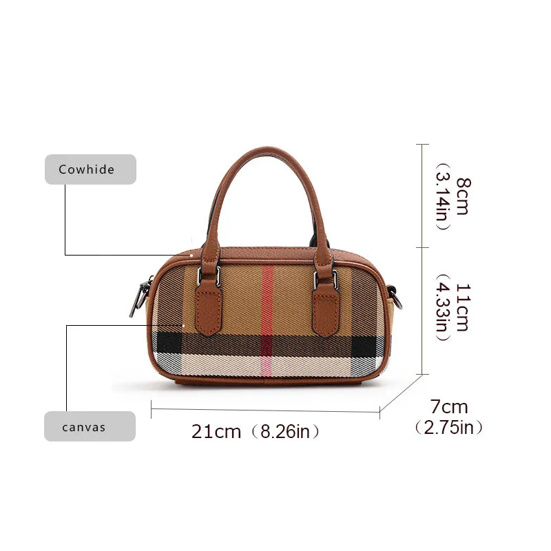 Borsa a mano in pelle e tela, motivo a quadri, dimensioni 21x11x7 cm, manici in cuoio, elegante e compatta, perfetta per ogni occasione.