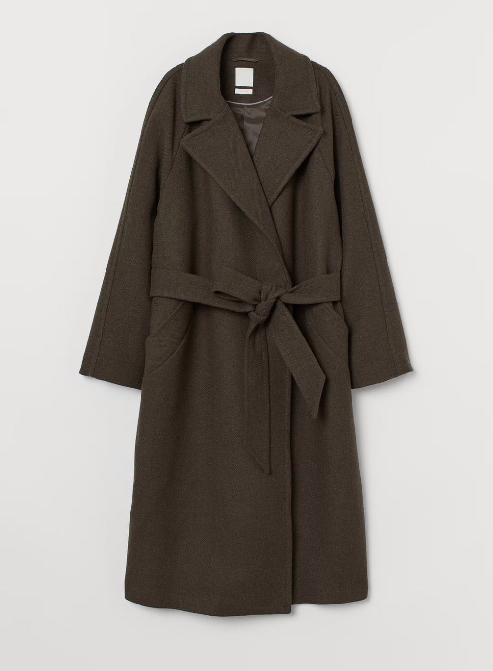 Cappotto lungo marrone scuro in lana con cintura, design elegante, tasche laterali, ideale per l'inverno. Moda donna, abbigliamento caldo.
