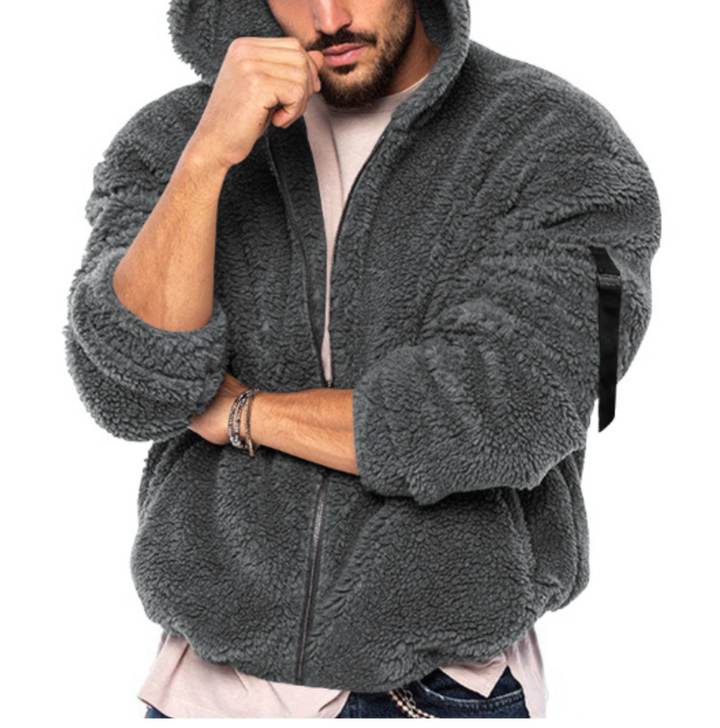 Giacca in pile grigio scuro da uomo con cappuccio, chiusura a zip, maniche lunghe, stile casual, ideale per l'inverno.