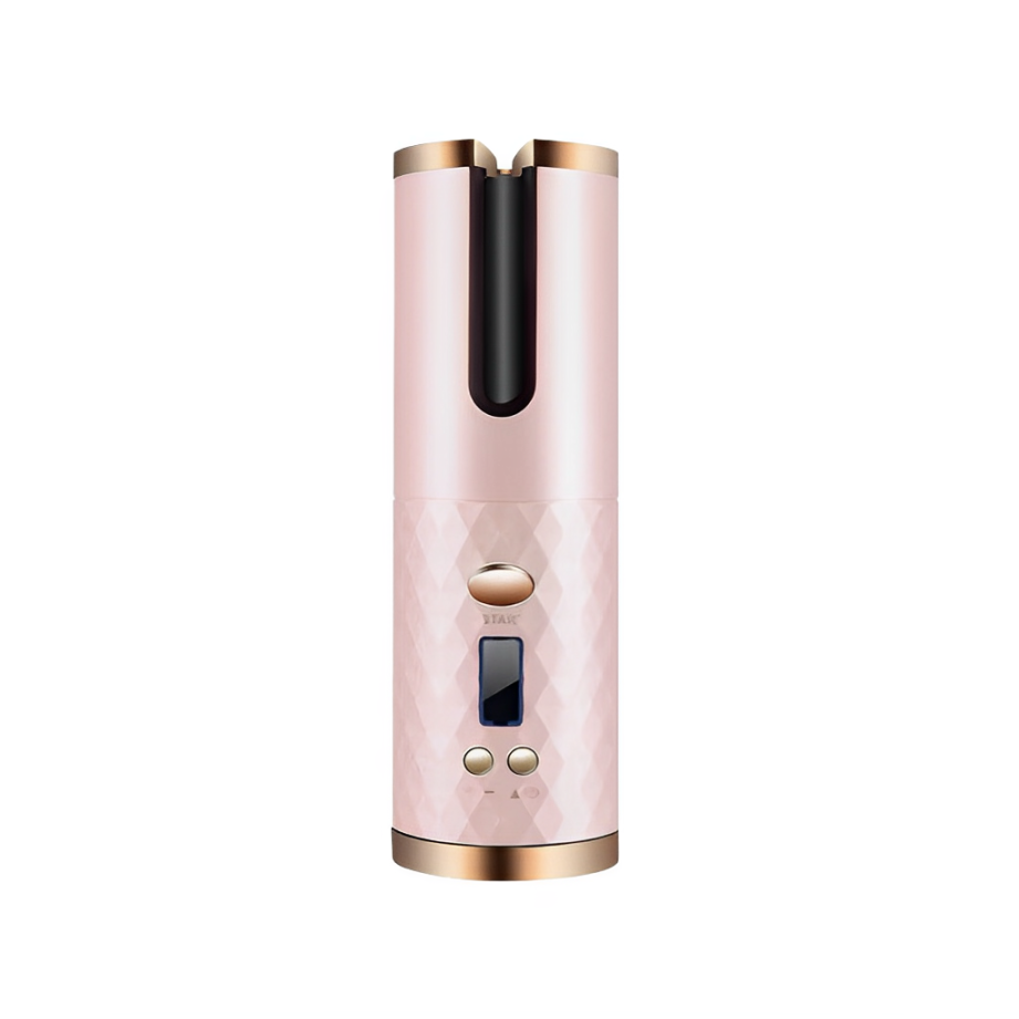 Arricciacapelli automatico rosa con display digitale, design cilindrico elegante, rifiniture dorate. Strumento styling capelli portatile e moderno.