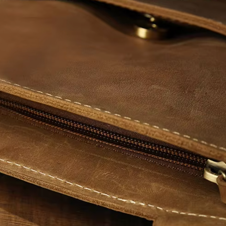 Borsa in pelle marrone con cerniera, design elegante e resistente, ideale per lavoro e viaggi. Accessorio moda uomo e donna di alta qualità.