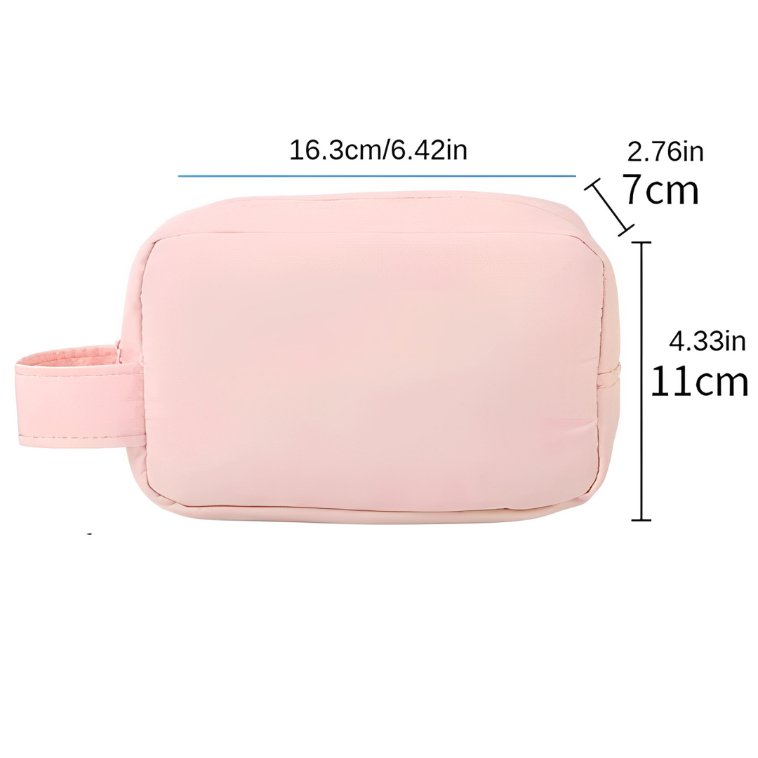 Astuccio da viaggio rosa, dimensioni 16,3x11x7 cm, con manico laterale. Ideale per cosmetici, accessori, organizzazione bagagli.