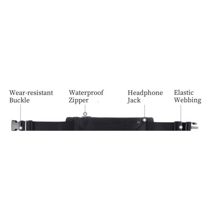 Cintura da corsa nera con fibbia resistente, cerniera impermeabile, jack per cuffie e fascia elastica. Accessorio sportivo pratico e durevole.