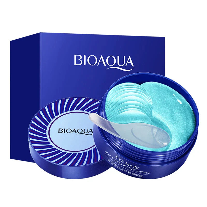 Maschera occhi Bioaqua, confezione blu, patch idratanti per occhi, riduzione occhiaie e gonfiore, cura della pelle, bellezza viso.
