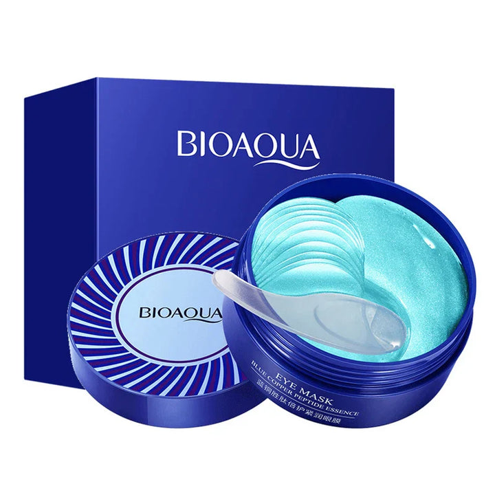 Maschera occhi Bioaqua, confezione blu, patch idratanti per occhi, riduzione occhiaie e gonfiore, cura della pelle, bellezza viso.