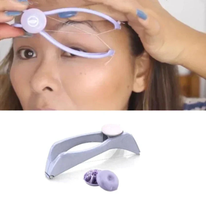 Dispositivo per epilazione viso, rimozione peli facciali, donna utilizza strumento per sopracciglia, depilatore manuale, cura personale, bellezza.
