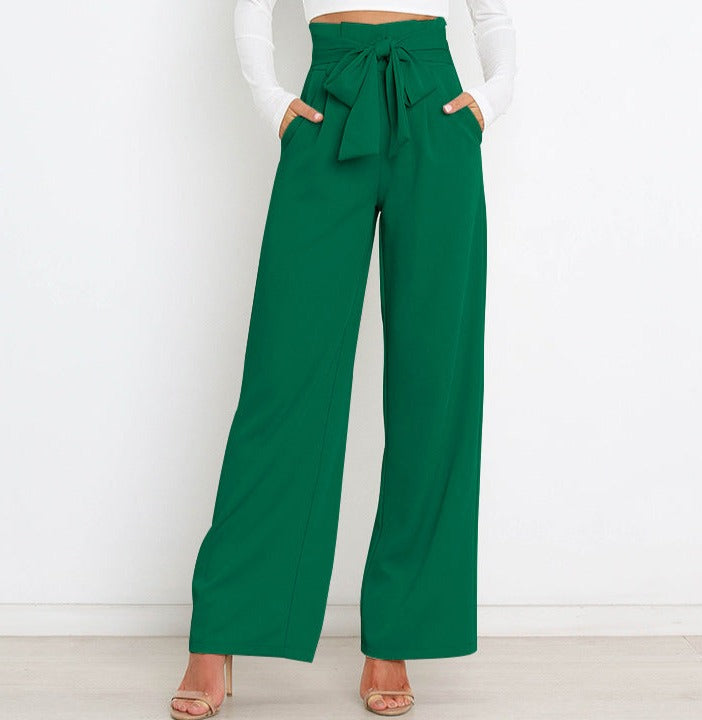 Pantaloni Donna Vita Alta Larga con Cintura a Nastro