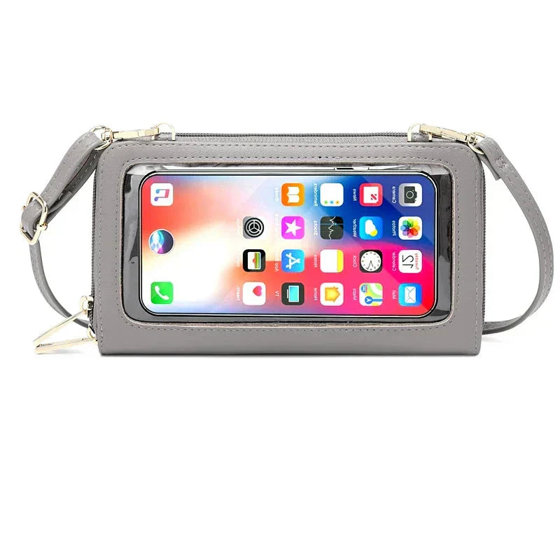 Borsa a tracolla grigia con finestra trasparente per smartphone, design elegante e funzionale, ideale per moda e praticità quotidiana.