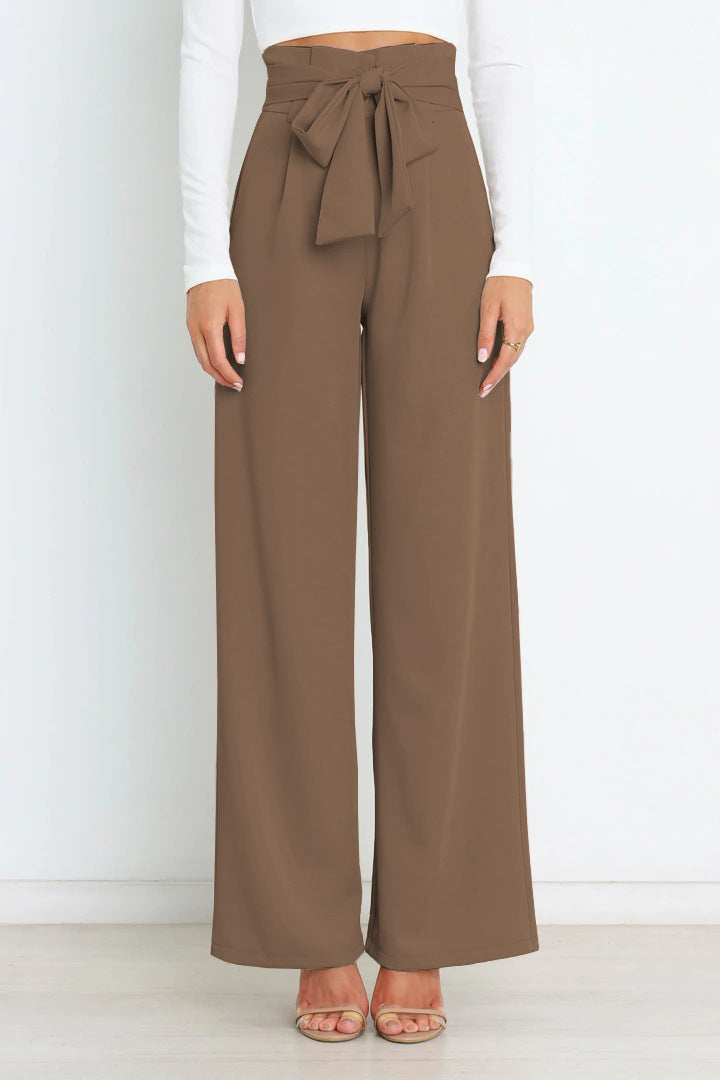 Pantaloni Donna Vita Alta Larga con Cintura a Nastro